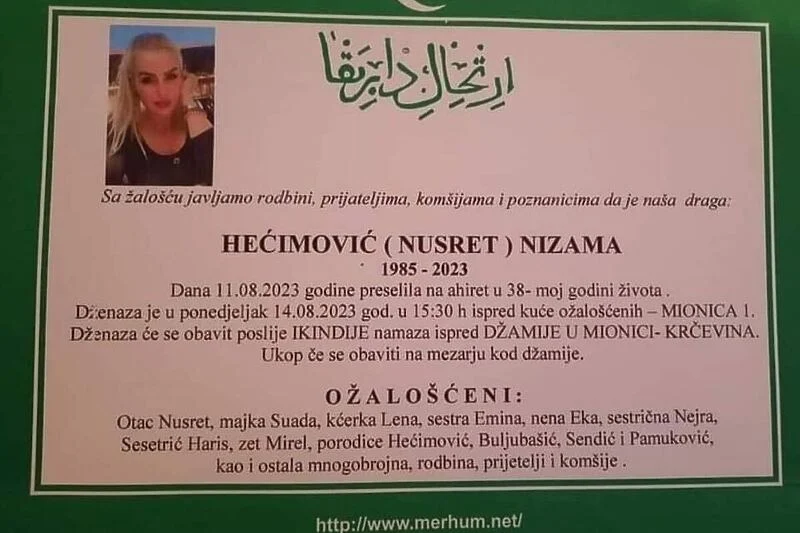 Danas će se klanjati dženaza ubijenoj Nizami Hećimović