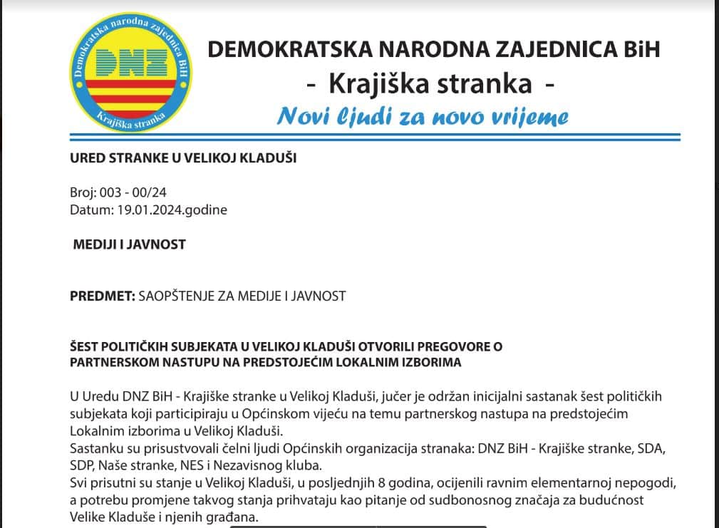 Saopštenje za javnost: Šest političkih subjekata otvorilo pregovore o partnerskom nastupu na predstojećim lokalnim izborima